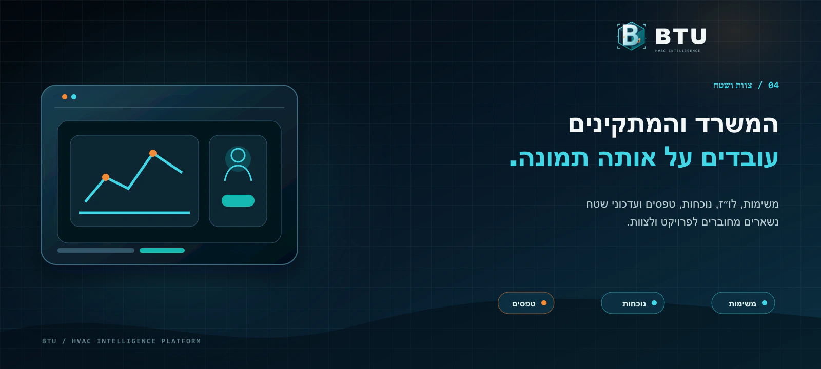 פורטל הטכנאי של BTU בטלפון בשטח — היום שלי, ניווט ותעודת שירות